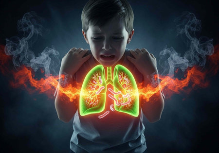 A boy with glowing green lungs and fiery smoke, conveying a sense of respiratory problems and...