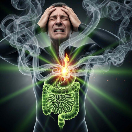 A man in pain with hands on head, glowing green intestines and stomach highlighted