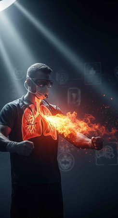 Person with illuminated lungs and flames, wearing virtual reality headset under dramatic lighting
