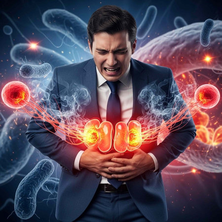 Man in suit clutching abdomen with illuminated kidneys and microorganisms surrounding him