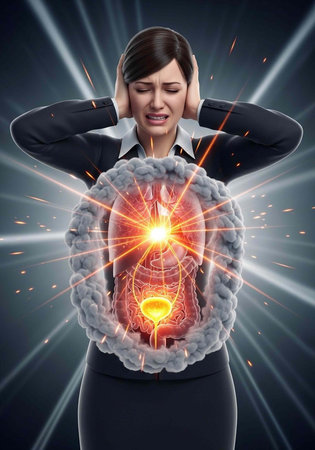 Woman in business attire with hands on head, surrounded by radiant lights and glowing internal organsの写真素材