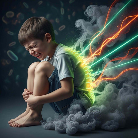 A boy in overalls sits in pain with glowing spine and swirling lights around him