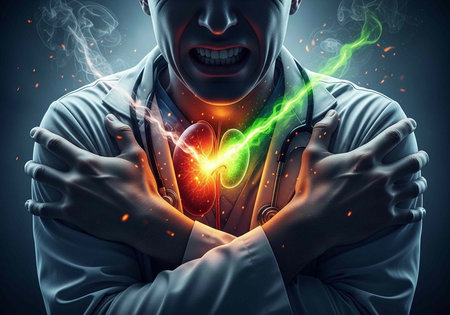 Close-up of a doctor clutching his chest with glowing kidney illustration and lines on his body