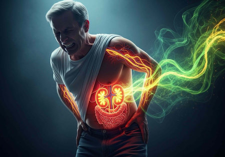 Older man clutching abdomen with illuminated internal organs and vibrant smoke emanating from body