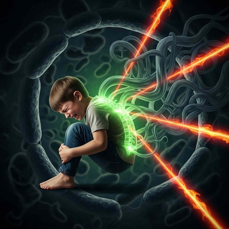 A sorrowful child sits with knees to chest, surrounded by eerie green and red lights