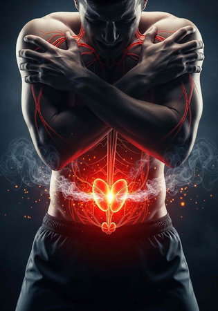 Shirtless man with glowing red energy in abdomen and crossed arms on dark background