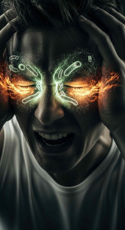 A man with glowing orange eyes and neon green circuitry, expressing distress and anguish with hands...