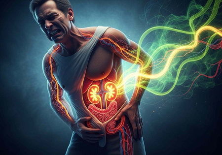 A man clutching his stomach in pain with illuminated internal organs and vibrant energy lines