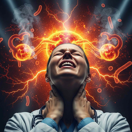 A doctor in a white coat clutching his neck in pain with red bacteria and lightning around him