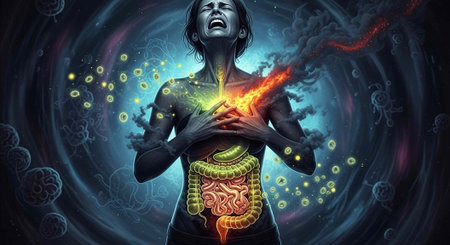 A person with a visible glowing digestive system and a fiery heart, surrounded by a swirling blue...