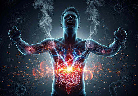 A shirtless man with illuminated internal organs and veins, emitting smoke and sparks in a dark backgroundの写真素材