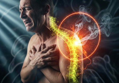 Shirtless man clutching chest with glowing spine and smoke effects indicating pain