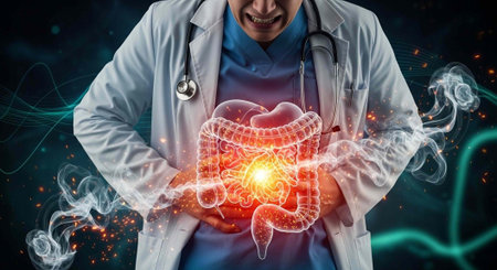 Medical professional clutching inflamed intestines with bright yellow light