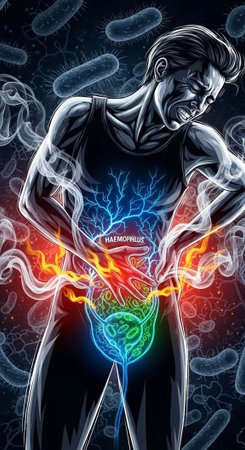 A man with muscular build clutching his stomach in pain, with glowing blue, green, red, and orange...