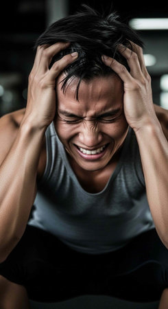 Close-up of a distressed young man in a gray tank top, clutching his head in a gym