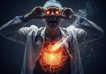 A doctor with glowing red eyes and a radiant stomach, wearing a white lab coat and blue cap.