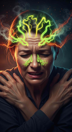 Close-up of a stressed woman with hands on neck and glowing green and orange lines on face and brain