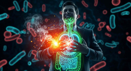 A man in a suit with a visible, glowing digestive system, surrounded by bacteria.