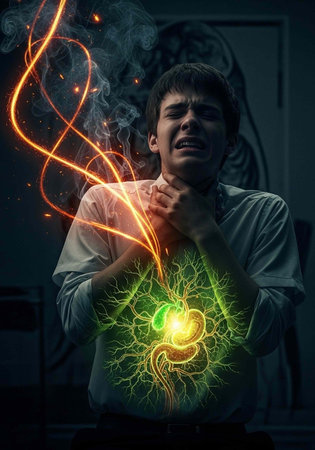 Young man clutching his chest with glowing green stomach and orange heartburn visual effects