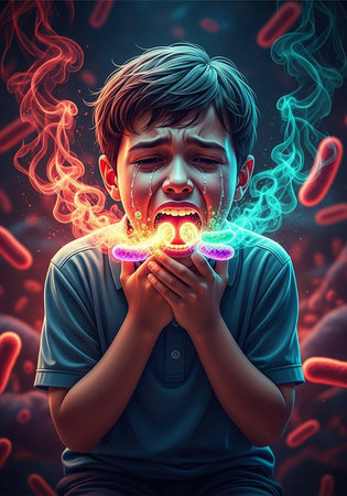 A crying boy with glowing colorful smoke and tears, surrounded by red and blue lights in darkness