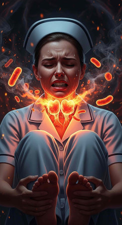 A nurse in blue uniform and cap with hands clasped, eyes closed, and face contorted in pain.