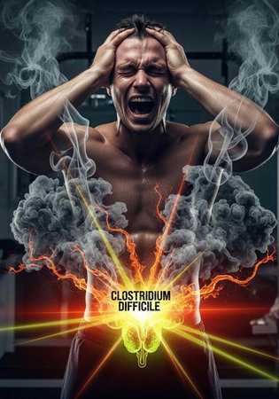 Shirtless man with hands on head, screaming in agony, surrounded by smoke and flames