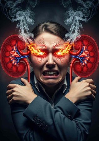A woman in a suit with glowing red kidneys and fiery eyes, clutching her chest in pain.