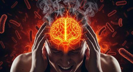 A man with his hands on his head, glowing red brain, and smoke, with bacteria in the background
