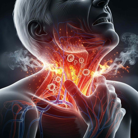 Person experiencing throat pain with visible glowing veins and arteries under the skin