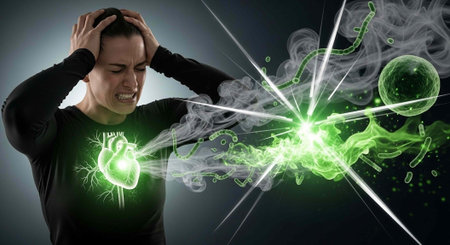 A man in black shirt with glowing green heart, hands on head, amidst energy burst