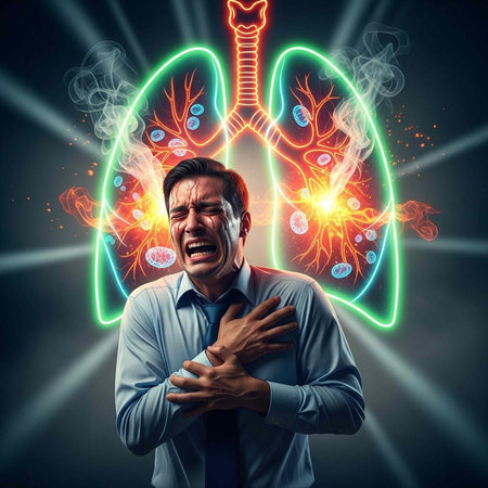 A man clutching his chest in pain, with a glowing lung illustration behind him, showing inflammation...
