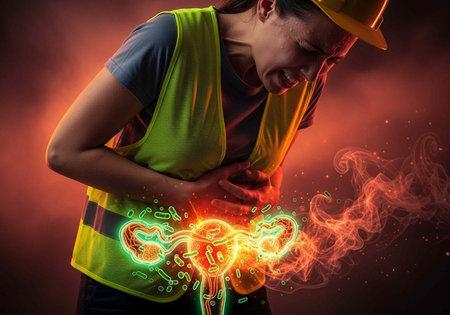 Woman in yellow vest and hard hat experiencing abdominal pain with glowing kidney and fiery effects