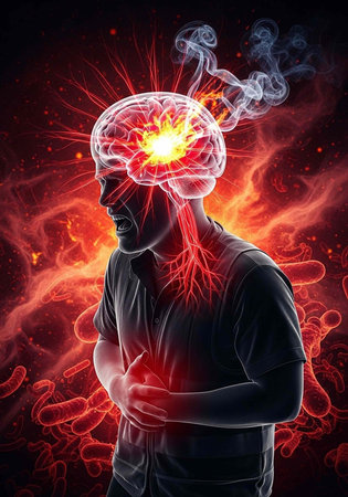 A man with a transparent brain and heart glowing with yellow and red light, set against a dark,...