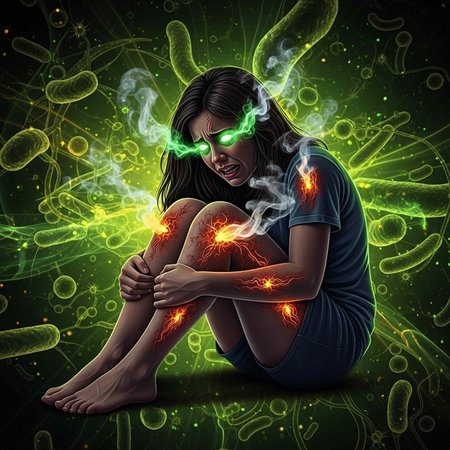 A woman sits in distress with glowing green eyes and red sores on her bodyの写真素材