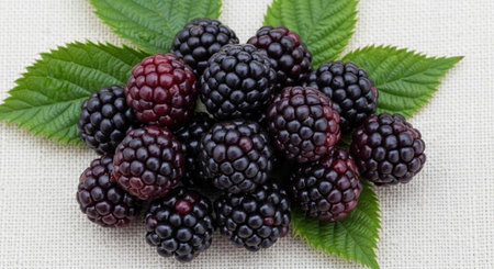 A vibrant cluster of fresh blackberries with green leaves on a textured surface