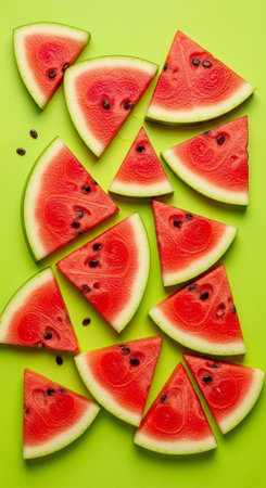 A vibrant display of fresh watermelon slices on a bright green background, perfect for summer and...