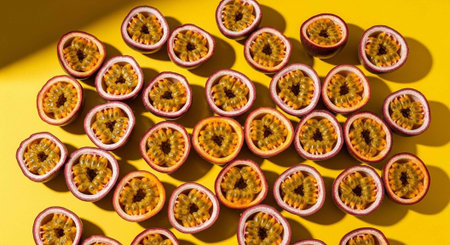A vibrant display of halved passion fruits arranged on a bright yellow surface