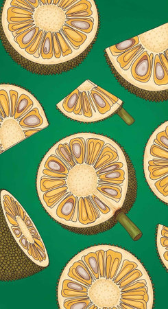 A vibrant illustration of jackfruit slices on a green background, showcasing the fruit's unique...