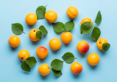 A vibrant display of apricots and green leaves on a light blue background, showcasing fresh fruit...