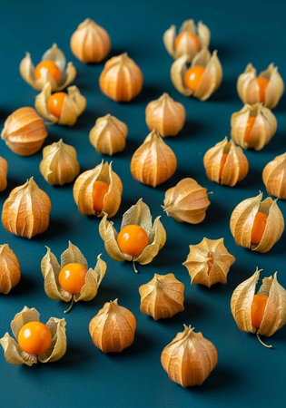 A vibrant display of golden ground cherries on a dark teal background, showcasing their unique papery husks.の写真素材