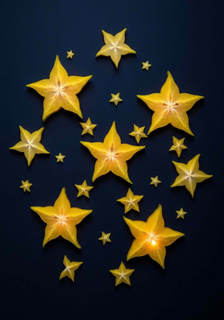 A vibrant arrangement of starfruit on a dark blue background, showcasing their unique star-shaped...