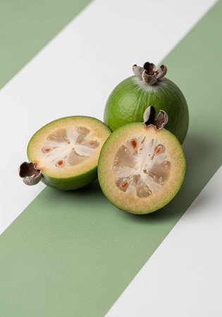 A vibrant green guava fruit cut open on a striped backgroundの写真素材
