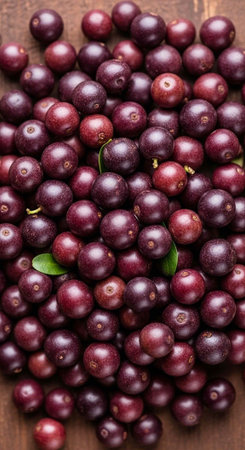 A vibrant pile of juicy cranberries on a rustic wooden surface with some green leaves