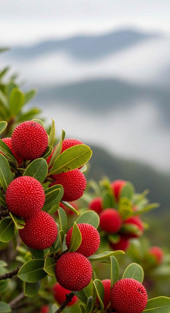 A close-up view of a tree with vibrant red fruits and green leaves set against a blurred mountainous...