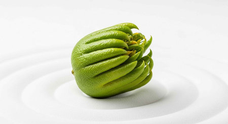A unique green fruit with multiple sections on a white surface with ripplesの写真素材