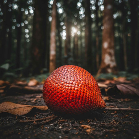 A vibrant red object lies on the forest floor surrounded by trees and fallen leaves in a serene natural setting.の写真素材
