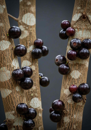 A close-up view of a tree with clusters of dark purple fruit growing on its brown trunk