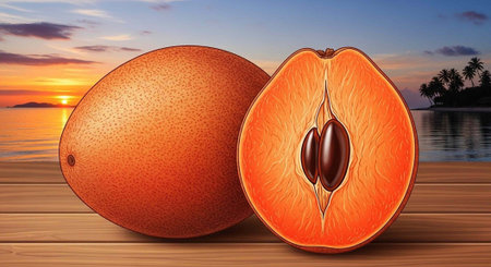 A vibrant papaya fruit on a wooden table with a serene beach background at sunsetの写真素材