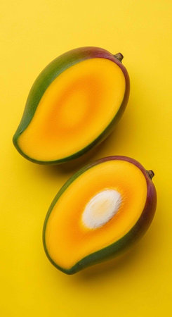 A vibrant and colorful image of two halves of a ripe mango on a bright yellow background