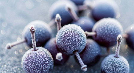 A close-up view of frosty blueberries on a cold surface with water droplets